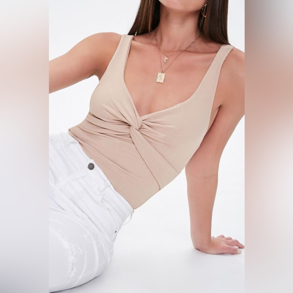 Plunging Twist-Front Ribbed Bodysuit Tan Size L
